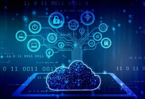 Digital cloud icon connected to security, network and productivity icons representing cloud services