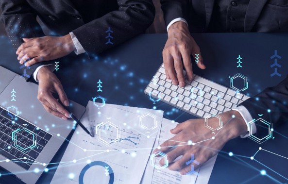 IT professionals reviewing project data and charts during a consulting meeting